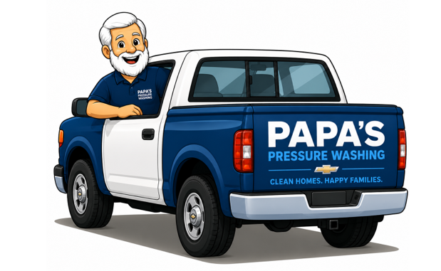 Papa arriving in a pressure washing truck