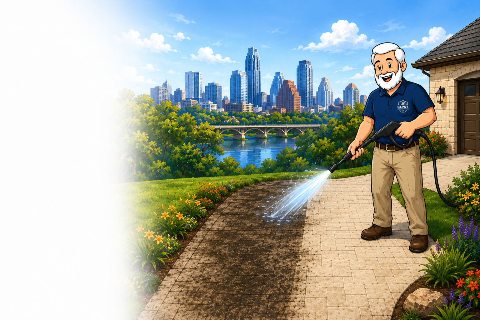 Papa mascot with Austin skyline, house, grass, and before and after driveway cleaning scene