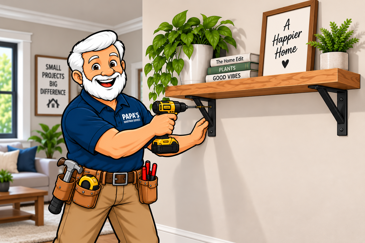 Papa installing a wall-mounted shelf