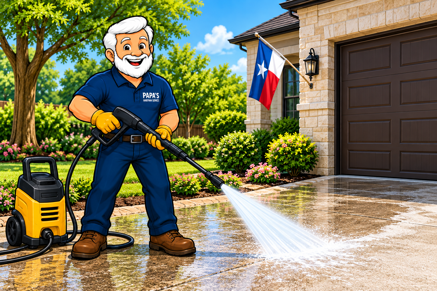 Papa pressure washing a residential driveway